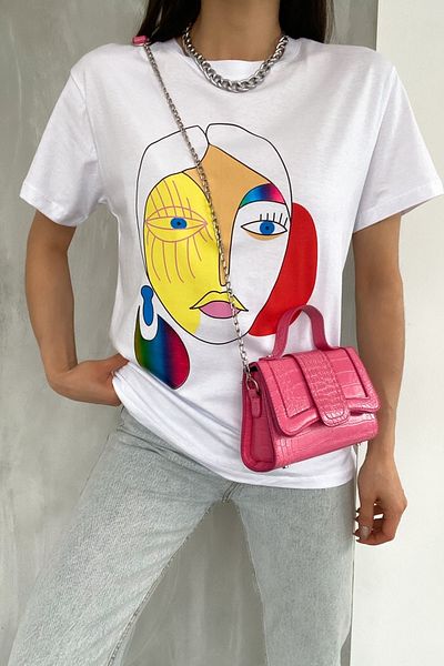 FEMELLE Tricou alb din bumbac 100% cu hologramă de sezon nou pentru femei