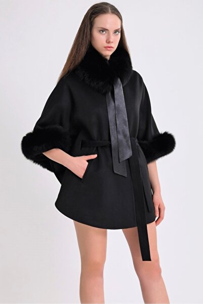 Leather Club Siyah Fox Kürk Aksesuarlı Kaşmir Pelerin Ceket