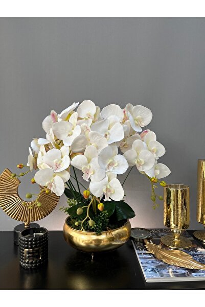 LİLOTEHOME Yapay Orkide Luxury Islak Beyaz Ufo Model Parlak Gold Renk Saksı