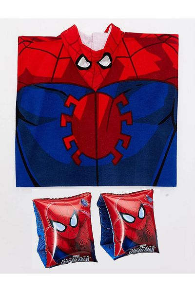 Disney Spiderman معطف منشفة الشاطئ بغطاء للرأس سبايدرمان 100% قطن (72×120 سم) + طقم أكمام للسباحة