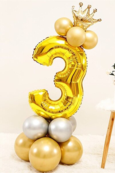 LOTUS PARTY 1 Yaş Gümüş Rakam Balon Altın Kral Taçlı Balon Seti