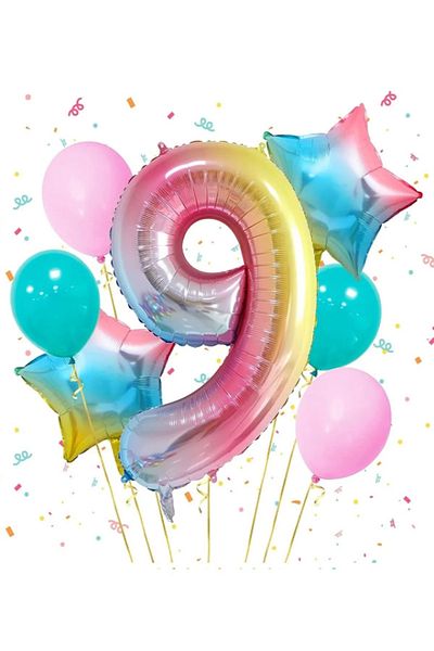 LOTUS PARTY 9 Year Old Rainbow Birthday Party Set - Number Foil Balloon - Star Foil Balloon