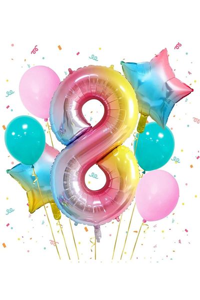 LOTUS PARTY 8 Year Old Rainbow Birthday Party Set - Number Foil Balloon - Star Foil Balloon