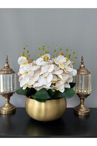 LİLOTEHOME Yapay Luxury Orkide 10 Dal Islak Beyaz Japon Model Eskitme Mat Gol...
