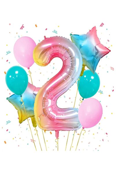 LOTUS PARTY مجموعة حفلات أعياد الميلاد بألوان قوس قزح بعمر عامين - بالون من رقائق معدنية على شكل نجمة - بالون من رقائق النجوم