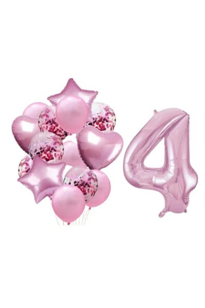 LOTUS PARTY 4 Year Old Birthday Celebration Party Set - Pink Figure Foil Balloon Pink 2 Stars 2 Hearts Foil Balloon