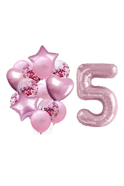 LOTUS PARTY 5 Year Old Birthday Celebration Party Set - Pink Figure Foil Balloon Pink 2 Stars 2 Hearts Foil Balloon