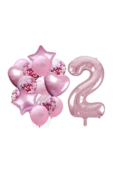 LOTUS PARTY 2 Year Old Birthday Celebration Party Set - Pink Figure Foil Balloon Pink 2 Stars 2 Hearts Foil Balloon