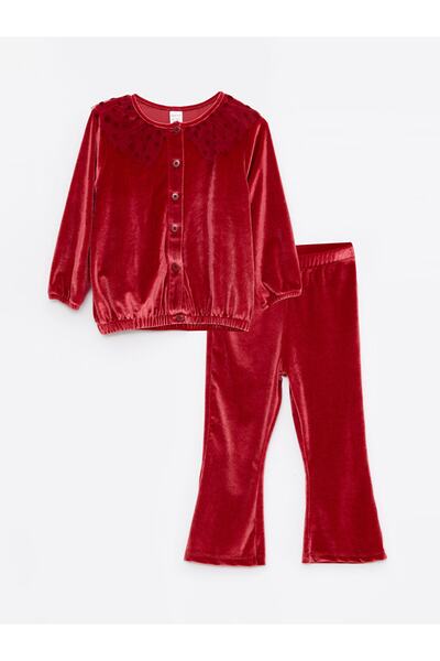 LC Waikiki Baby Collar Long Sleeve Baby Girl Velvet Cardigan and Leggings Set of 2