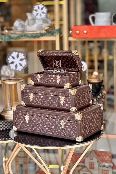 ARTER Home Decorative Lv Pattern Brown 3-Piece Leather Box