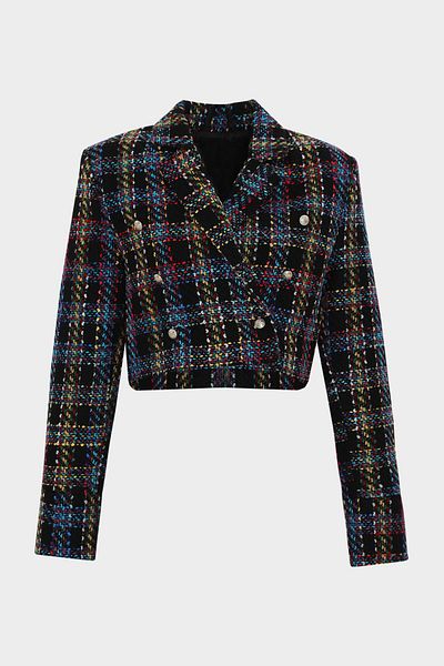 Açelya Okcu Double Breasted Premium Plaid Crop Tuvit Jacket