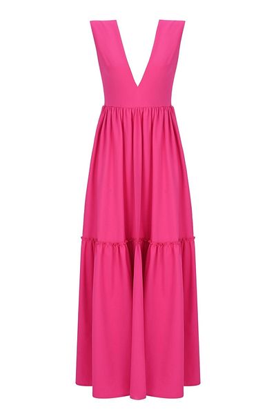 Whenever Company Pink Wide Cut Sleeveless V-Neck Long Dress