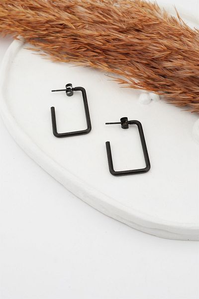 By Zeyna Aksesuar Women's 316l Stainless Steel Basic Geometric 3.5 Cm Rectangular Model Earrings