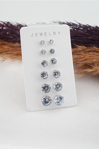 By Zeyna Aksesuar Women's 6 Size 12 Pieces Oval Model Zircon Stone Earring Set