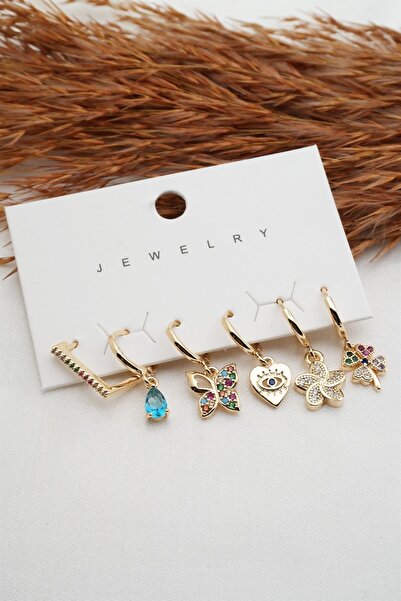 By Zeyna Aksesuar Kadın Altın Kaplama Renkli Kelebek Ve Yonca Figürlü 6'lı Se...