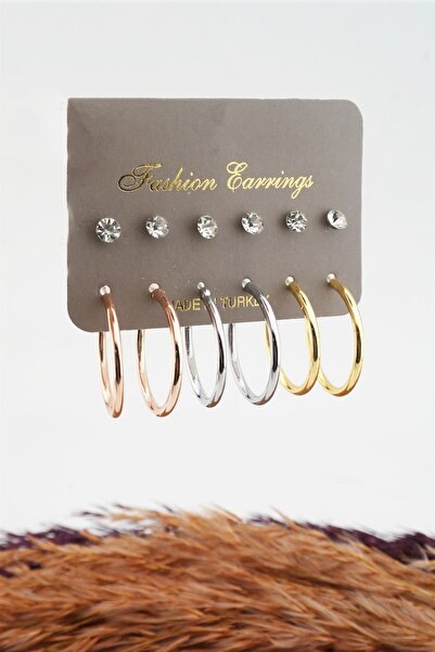 By Zeyna Aksesuar Set of 12 Earrings for Women with 3 Colors Rings and Stones