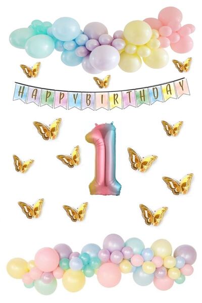 BİDOLUMUTLULUK Kelebek Desenli Makaron Balon Doğum Günü Seti