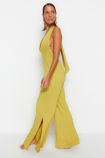 Trendyol Collection Olejově zelená pletená kombinéza se zády TBESS23TU00017