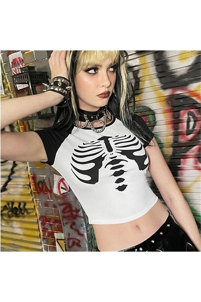 Touz zolid wear Basic Rib Printed Raglan μανίκι Λευκό Crop