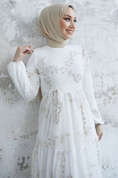 InStyle Miles Leaf Embroidered Chiffon Dress - White