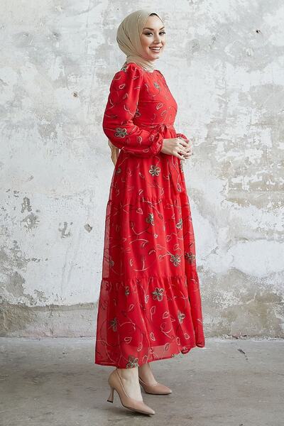 InStyle Merlin Floral Embroidered Chiffon Dress - Red