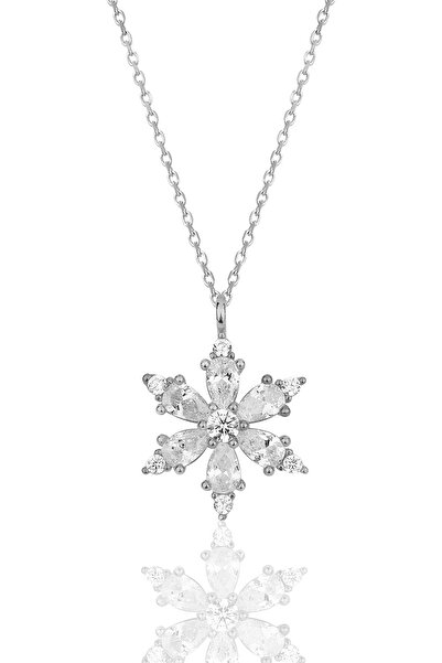 Bilsen Store 925 Ayar Gümüş Zincirli Damla Beyaz Taşlı Lotus Kamelya Çiçeği K...