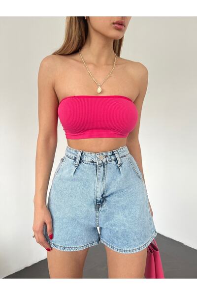 Fav Style Γυναικείο τζιν σορτς με πλισέ με φαρδύ πόδι με τσέπες που πλένονται μπλε