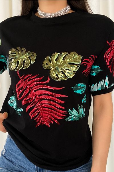 FEMELLE Tricou de damă, negru, 100% bumbac, cu model de frunze din noul sezon, brodat cu paiete