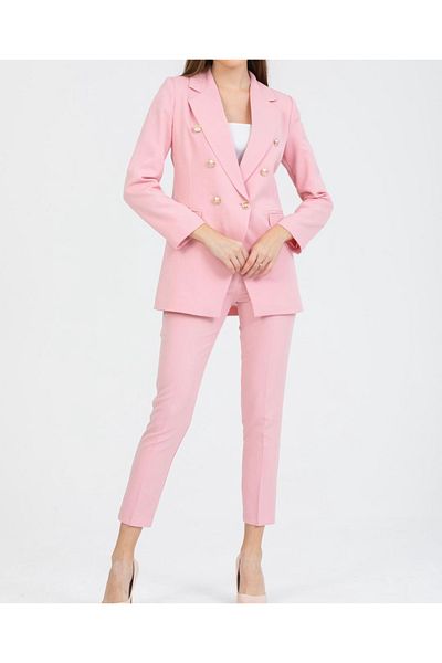 pembekurdelem Women's Blazer Jacket Belted Trousers Set Pink