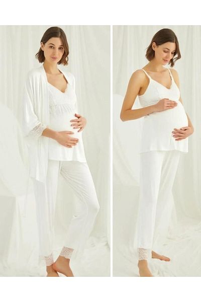MONAMİSE 18433 Ecru Maternity 3-Piece Pajamas Dressing Gown