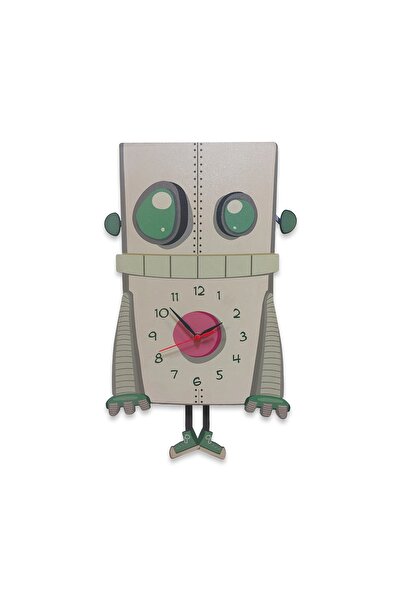 CajuArt Wooden Swinging Pendulum Robot Man Kids Room Wall Clock