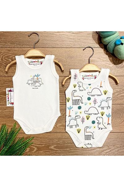 Renkli Puset 2-Piece Organic Cotton Combed Baby Bodysuit with Straps Dinosaurs