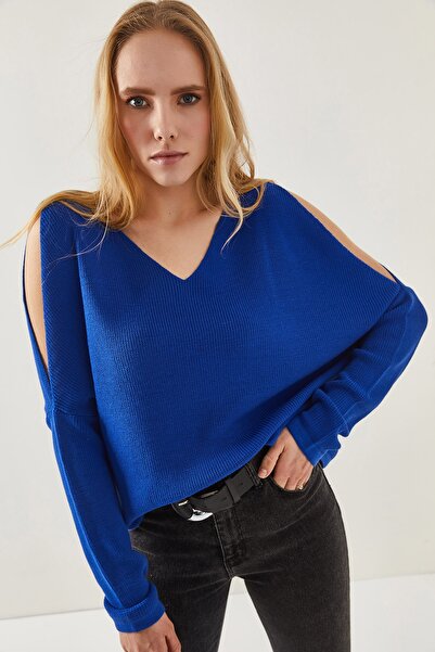 Olalook Жіночий Saks синій V-подібний виріз на плечах з декольте Salas светр блузка BLZ19002191