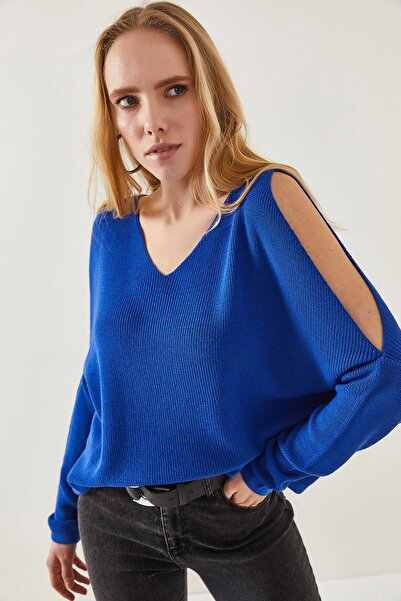 Olalook Жіночий Saks синій V-подібний виріз на плечах з декольте Salas светр блузка BLZ19002191