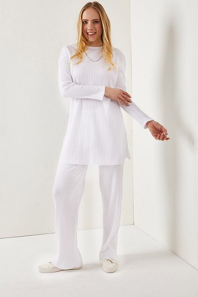 Olalook Weißes Oberteil mit Schlitz für Damen, Bluse, Unterteil, Palazzo-Kostüm mit Kordelzug, TKM-19000180