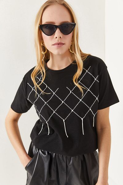 Olalook Dámské černé bavlněné tričko s geometrickým kamenem TSH-19000699