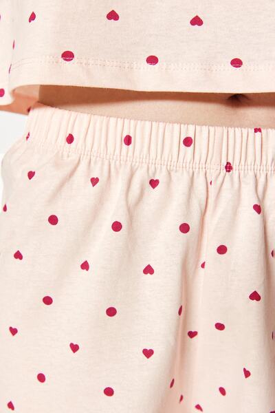 Trendyol Collection Ανοιχτό ροζ 100% βαμβακερό πλεκτό σετ πιτζάμες με πουά και σορτς καρδιά THMSS21PT1485