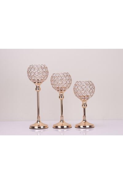 Tasarım Evi Ultra Lüks Kristal Taşlı Ayaklı Gold Şamdan 3'lü Set