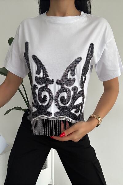 FEMELLE Dámské bílé bavlněné tričko New Season s kompletním flitrovým vyšívaným střapcem