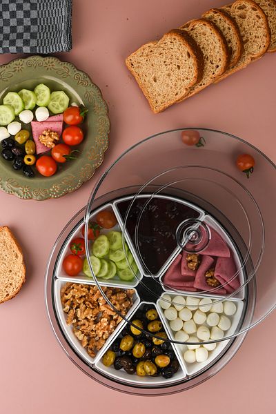 Pazarika Large Size 6 Compartment 360 Degree Rotating Breakfast Set - Round Breakfast Set with Detachable Bowl