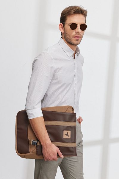 ALTINYILDIZ CLASSICS Cămașă pentru bărbați, alb, maro, slim fit, slim fit, cu guler ascuns cu nasturi