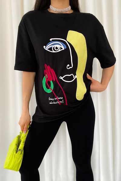 FEMELLE Tricou negru pentru femei, cu model de față, sezon nou