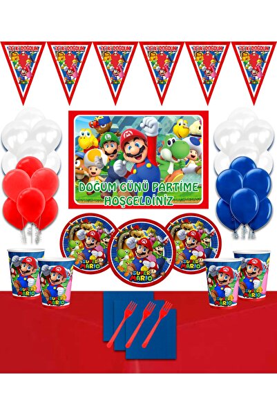 Parti Karnavalı Süper Mario Afişli 8 Kişilik Doğum Günü Parti Süsleri Malzeme...