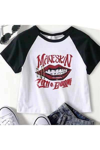 Touz Eysa Maneskin Lips Printed Raglan Sleeve White Crop