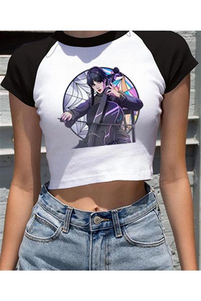 Touz Eysa Wednesday Guitar Printed Raglan Sleeve White Crop