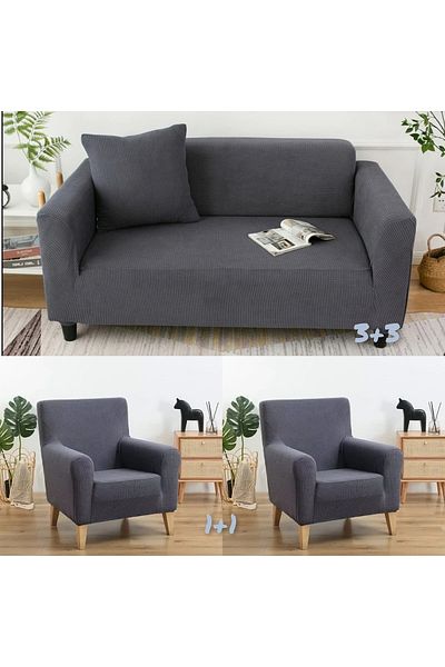 Güzel Aral Anthracite 3+3+1+1 Lycra Flexible Square Patterned Sofa Cover Set