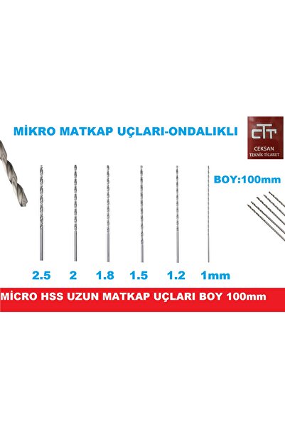 CEKSAN Mikro Hss 1-1.2-1.8-2.-2.5mm Uzun Matkap Ucu Boy:100mm 5 Adet