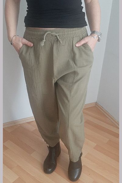 AYASOFYA OTANTIK Women's Khaki Striped Loose Comfortable Cut Loose Linen Trousers