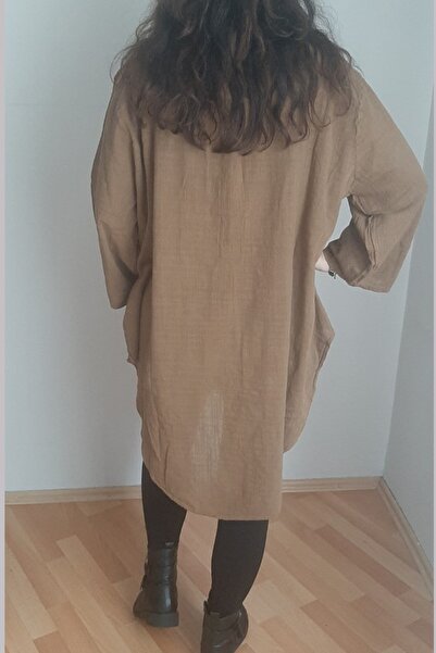 AYASOFYA OTANTIK Women's Brown Bohemian Loose Collar Tunic Shirt