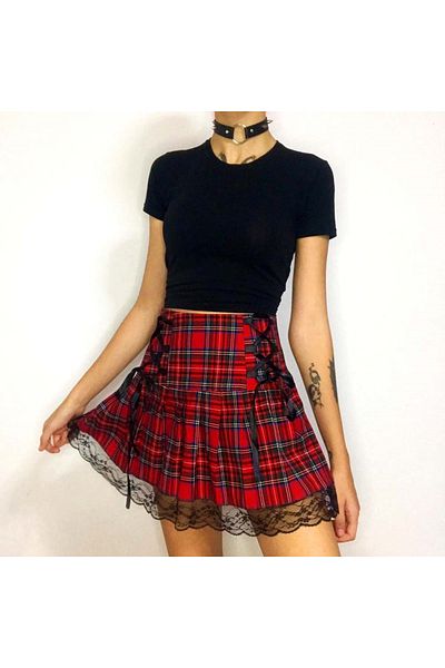 Köstebek Anime Harajuku Street Lace Λεπτομερής κόκκινη καρό πλισέ φούστα